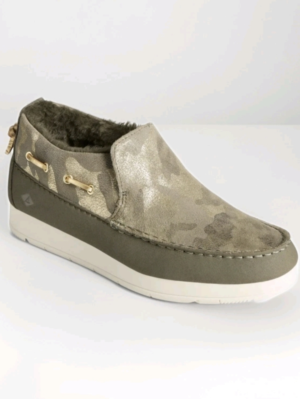 NEW Sperry Moc-Sider Slip-On Shoes Olive Green Camo Leather Faux Fur Lined Sz 8
